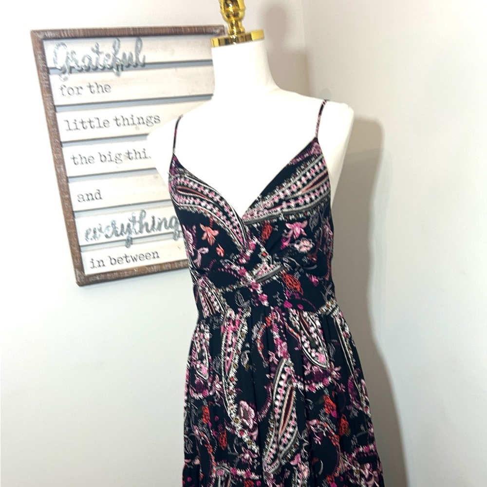 WHBM Tiered Maxi Dress Sleeveless Black Roses & Vines V-Neck Spaghetti Straps S - Picture 7 of 14